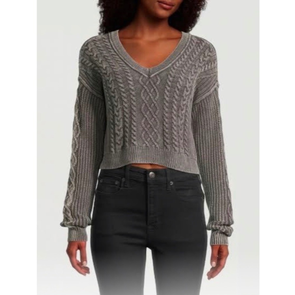 Aeropostale Womens Cable Knit Sweater Cropped Gray Long Sleeve Small